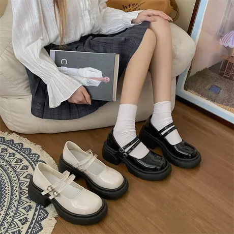 玛丽珍鞋女2023年春秋季新款法式学院风单鞋粗跟浅口圆头小皮鞋潮商品大图