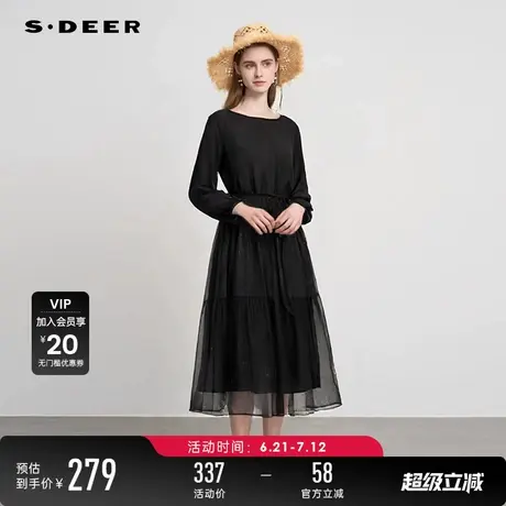 sdeer圣迪奥女装复古圆领收腰网纱肌理连衣裙S243Z1272图片