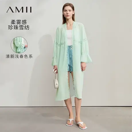Amii2025夏新款度假风可调节绑带蕾丝拼接薄款雪纺衫女长款上衣商品大图