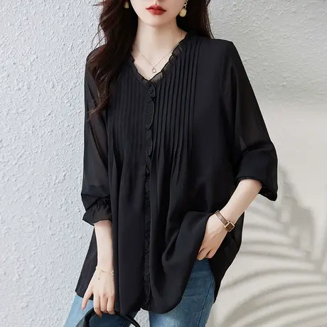 雪纺衫女长袖春秋新款宽松加大码女装中年妈妈洋气遮肚子显瘦上衣商品大图