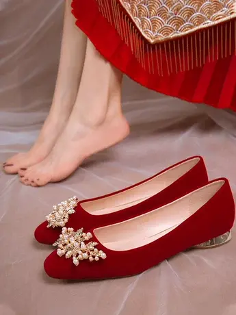 秋季婚鞋女粗跟2023新款新娘中式百搭红色秀禾婚纱两穿高跟不累脚商品大图