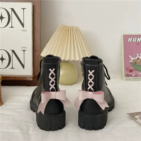 韩版马丁靴女2022年秋季新款厚底蝴蝶结英伦风炸街短靴女款单靴子商品大图