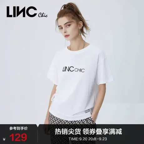 LINCCHIC金羽杰T恤女简约LOGO印花抽绳圆领短袖女T恤夏S222TS381商品大图
