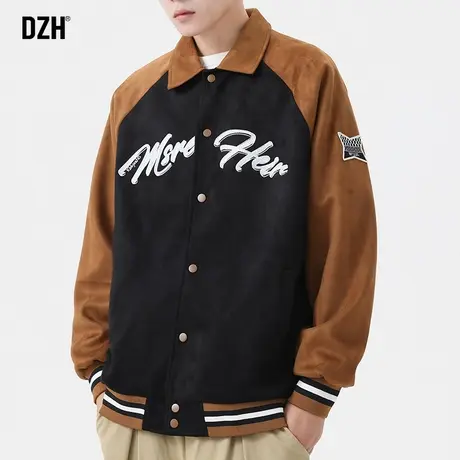 男士麂皮绒拼接外套男春秋款潮流百搭男装2023新款翻领教练夹克衫商品大图