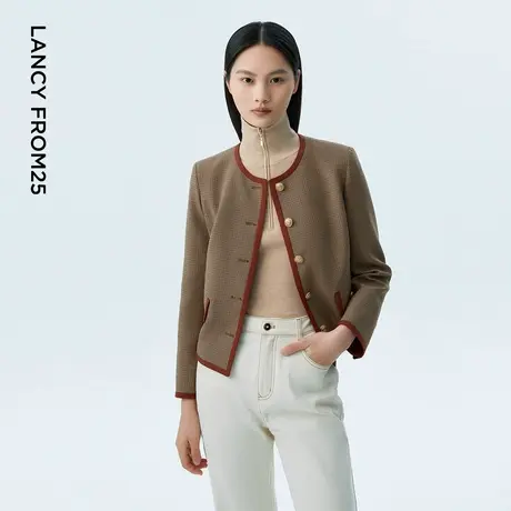 LANCY/朗姿2023秋季新休闲短外套夹克女撞色格纹上衣通勤气质女装图片