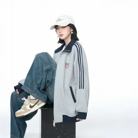 潮牌立领拉链开衫卫衣女春秋新款宽松撞色拼接外套美式复古上衣图片