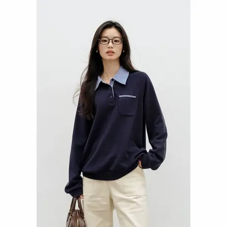 弥古藏蓝色条纹翻领卫衣女春秋宽松纯棉长袖t恤高级感假两件上衣商品大图