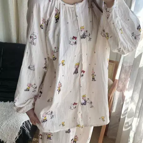 快乐家族~超可爱史努比印花a类纯棉双层纱布圆领套装家居服可外穿商品大图