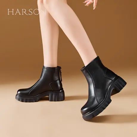 哈森牛皮靴子女2025秋冬新款烟筒靴百搭厚底加绒保暖切尔西靴女靴商品大图