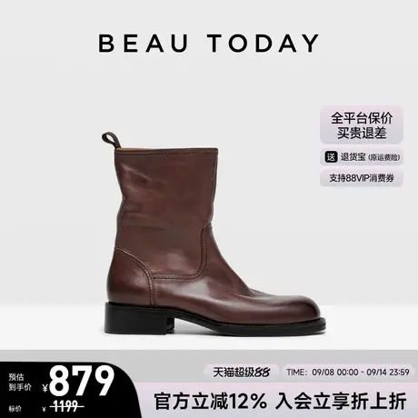 BeauToday粗跟短靴女款2025新款秋冬季短筒靴复古骑士靴时装靴女图片