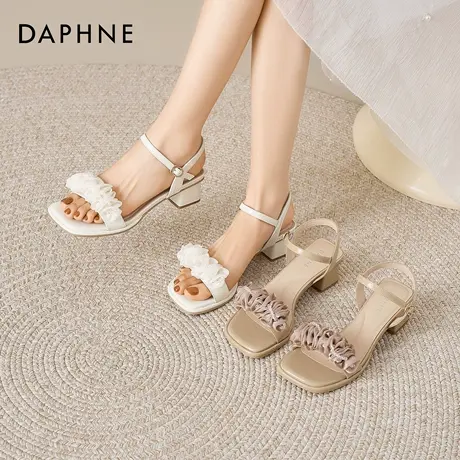 达芙妮粗跟凉鞋女士2026新款春季一字带百搭法式绝美配裙子高跟鞋图片