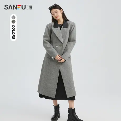 三福呢子大衣女秋冬高级感2023收腰灰色毛呢外套加厚女装476545图片