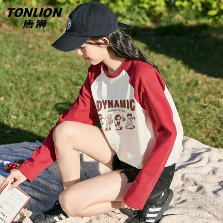 唐狮官方红色长袖t恤女2026新款春秋女士宽松设计感打底衫上衣VB图片