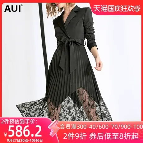 黑色职业设计感拼接蕾丝西装女秋2022新款不规则中长款百褶外套潮图片