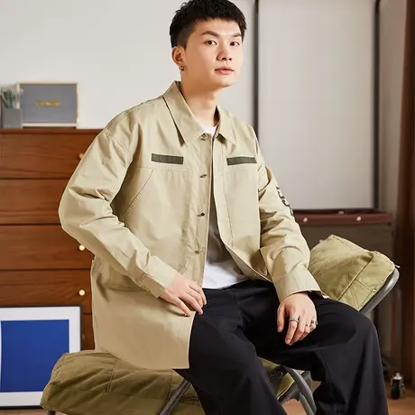 唐狮拼接工装长袖衬衫外套男士春秋撞色美式休闲外套宽松衬衣男装图片
