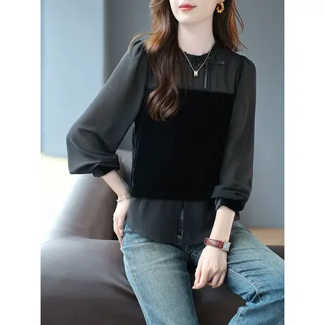 宝诗黎圆领木耳边丝绒拼接长袖雪纺衫2023早秋新款小众打底上衣女商品大图