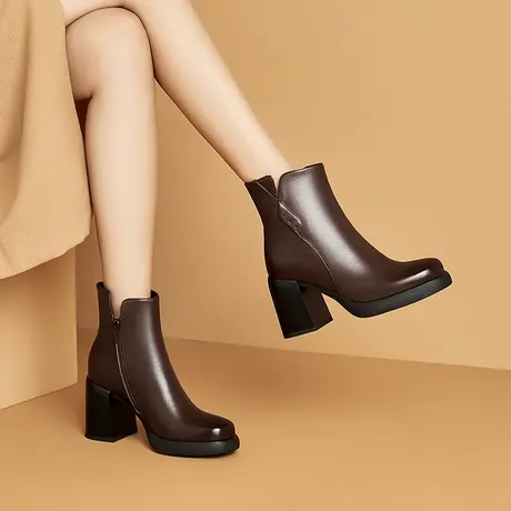 冬季新款圆头高跟短靴女时尚防水台真皮女靴粗跟加绒保暖软皮女靴商品大图