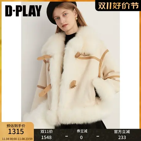 DPLAY2023冬新轻奢质感重工皮扣撞色长毛拼接短款皮毛一体厚外套商品大图