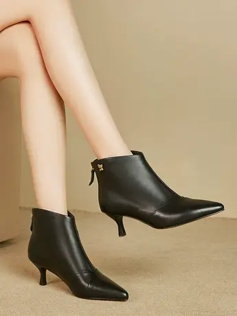 真皮细跟短靴女2023年新款秋季时尚洋气尖头细跟英伦风百搭裸靴商品大图