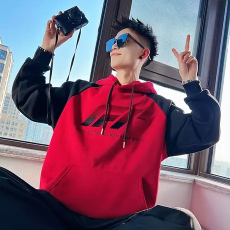 个性复古撞色插肩连帽加绒卫衣男秋冬款重磅字母印花加厚上衣外套商品大图