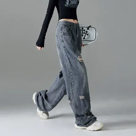 yep做旧破洞直筒牛仔裤女美式复古高腰宽松显瘦百搭阔腿拖地裤子商品大图