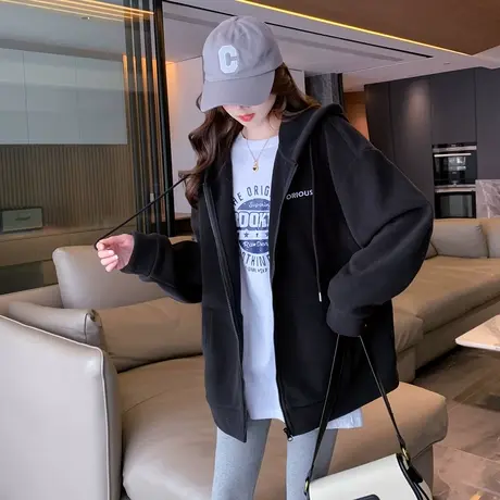 唐狮连帽拉链左胸字母卫衣外套女春秋季学院风加绒加厚上衣女商品大图