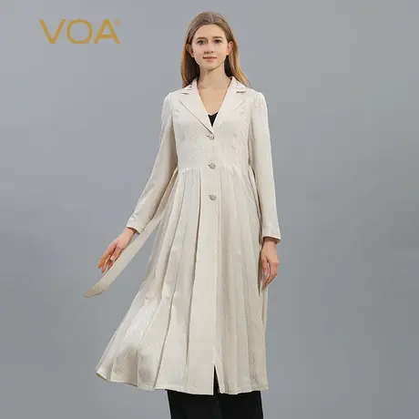 VOA提花真丝戗驳领单排扣绑带束腰插袋育克褶百搭长袖桑蚕丝外套商品大图