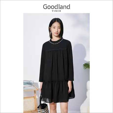 Goodland美地女装冬季赫本风网纱钉珠公主连衣裙图片