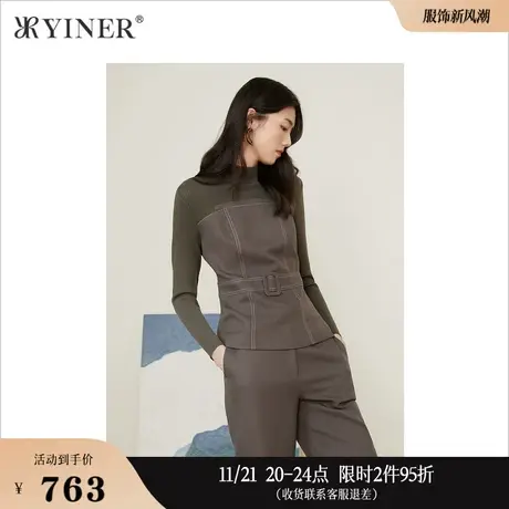 YINER音儿女装冬季拼接装饰腰带针织衫套头图片