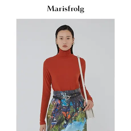 【都市通勤】玛丝菲尔冬季新款砖红色高领修身针织打底衫商品大图