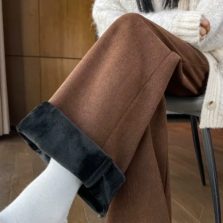 灯芯绒西装裤女秋冬季加绒高腰垂感拖地休闲窄版雪尼尔加厚阔腿裤商品大图