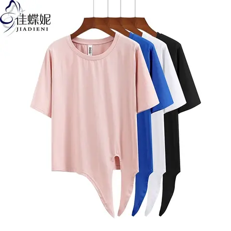 夏季新款韩版纯白圆领宽松短款高腰打结短袖体恤上衣纯色女装商品大图