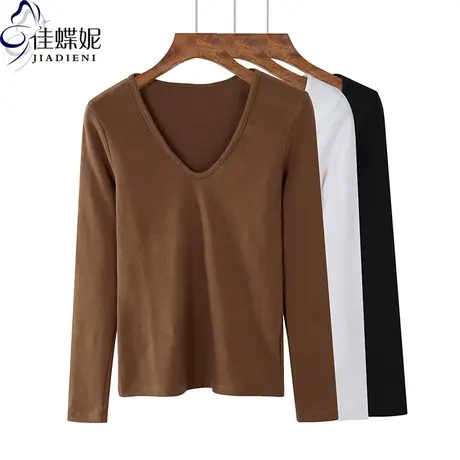 春秋新款韩版纯棉修身显瘦圆领纯色简约百搭长袖上衣女装T恤V领商品大图