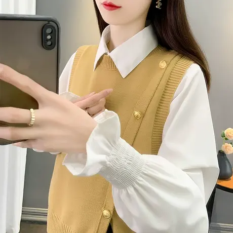 针织马甲女秋季2023新款女装韩版套头圆领针织衫洋气女装马夹上衣商品大图