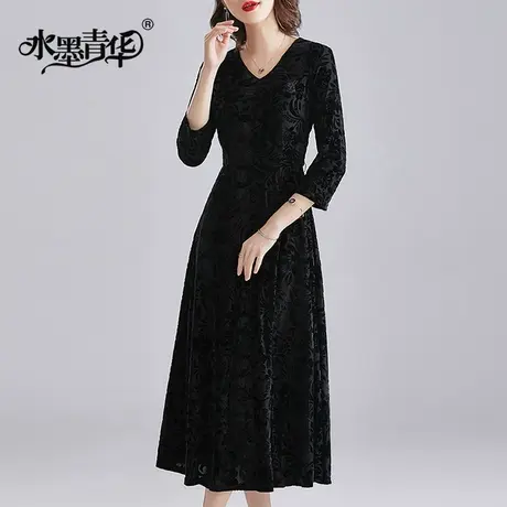 水墨青华冬装新品V领系带显瘦大摆七分袖时尚修身丝绒连衣裙商品大图