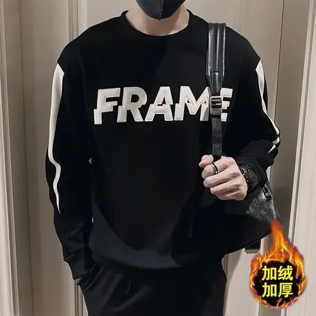 美式错位字母印花加绒卫衣男秋冬2023新款保暖内搭长袖上衣打底衫图片