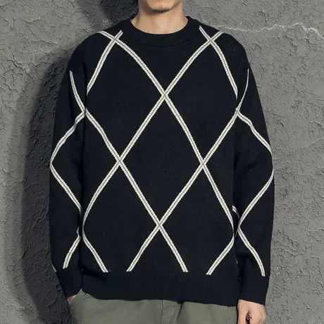奕飏2020秋冬圆领毛衣男撞色菱形潮牌春秋装男士针织衫帅气打底衫图片