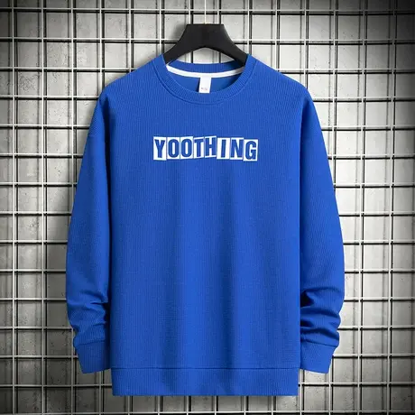 克莱因蓝华夫格卫衣男秋季宽松潮流字母印花圆领无帽上衣长袖t恤商品大图