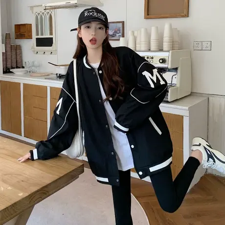 大码春秋季加绒加厚胖mm韩版宽松减龄学院风棒球服外套女装200斤图片