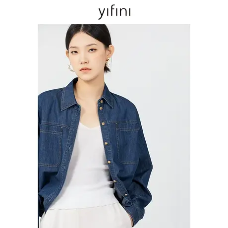 Yifini/易菲宽松短款牛仔外套翻领牛仔衣女春秋新款抽绳上衣商品大图
