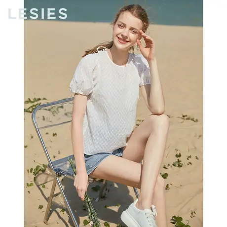 LESIES蓝色倾情夏装新款女装圆领泡泡袖上衣甜美淑女吊带小衫图片