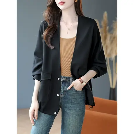 宝诗黎V领蝙蝠袖宽松外套春季长袖开衫外搭口袋上衣女装2024新款商品大图