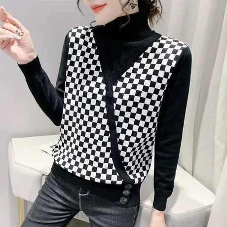 高领毛衣女打底衫秋冬2023新款洋气假两件上衣宽松显瘦格子针织衫图片