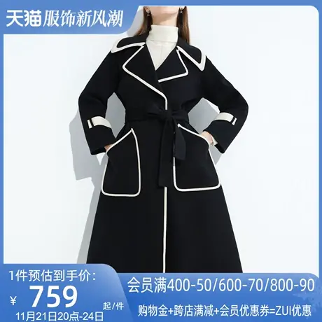 AUI黑色100%羊毛双面呢大衣女2022秋冬新款赫本风中长款毛呢外套图片