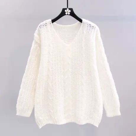 小清新镂空V领麻花毛衣女早秋2023新款宽松慵懒风薄款套头针织衫商品大图