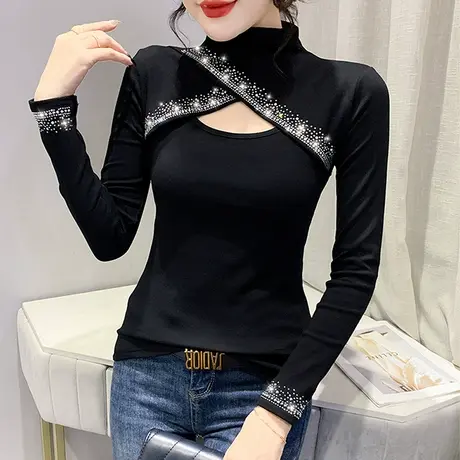 性感镂空烫钻上衣女加绒加厚半高领打底衫秋冬设计感网红T恤长袖商品大图
