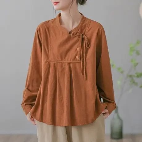 dza 复古设计感纯色立领长袖上衣女春秋宽松衬衣休闲百搭短款衬衫图片