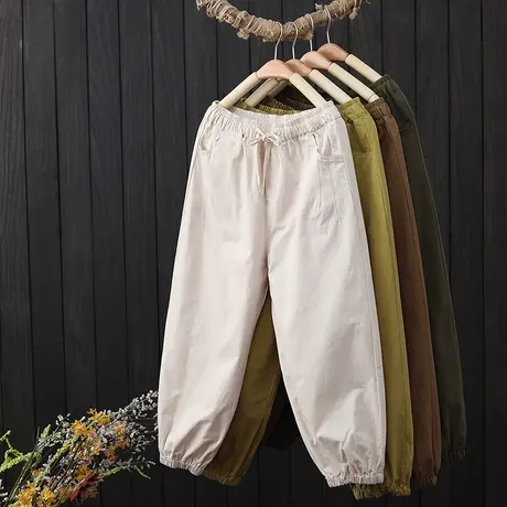 工装休闲裤女春夏2023新款小个子宽松束脚裤松紧腰纯色八分哈伦裤商品大图