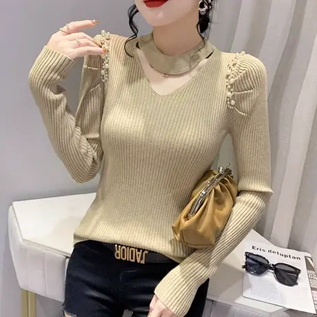 性感镂空毛衣女秋冬欧货时尚钉珠挂脖针织打底衫紧身内搭长袖上衣图片