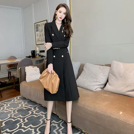 黑色中长款过膝风衣外套女高级感英伦风修身显瘦时尚百搭大衣秋季图片